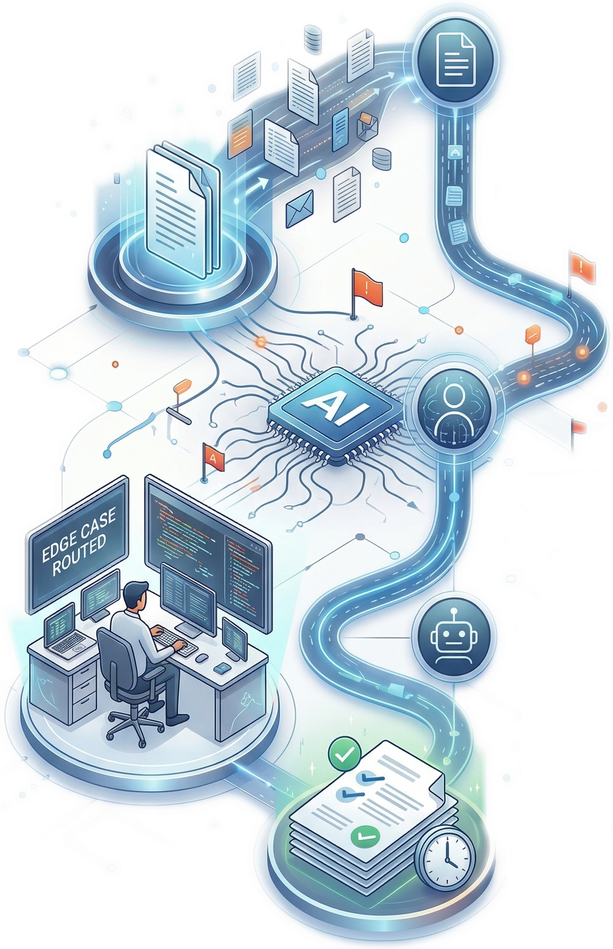 DocketVet validation pipeline: incoming data records flow through AI criteria matching, expert human review, and validated delivery within hours at scale